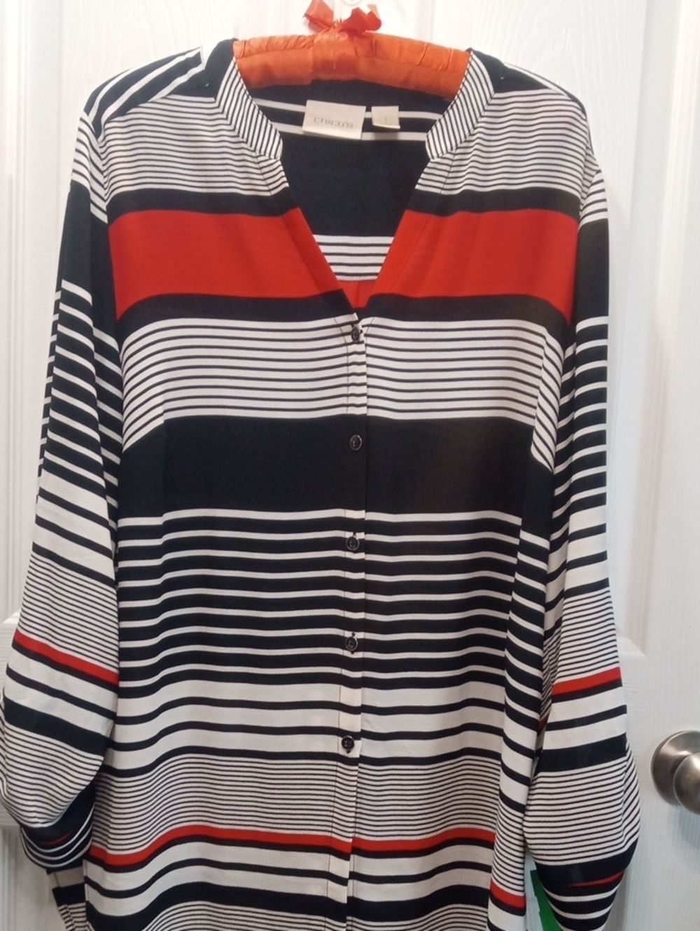 CHICO'S STRIPED FRONT BUTTON  TUNIC BLOUSE